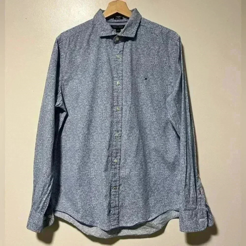 Tommy Hilfiger Men’s Button-Down Shirt – Blue Floral Print, Size Medium